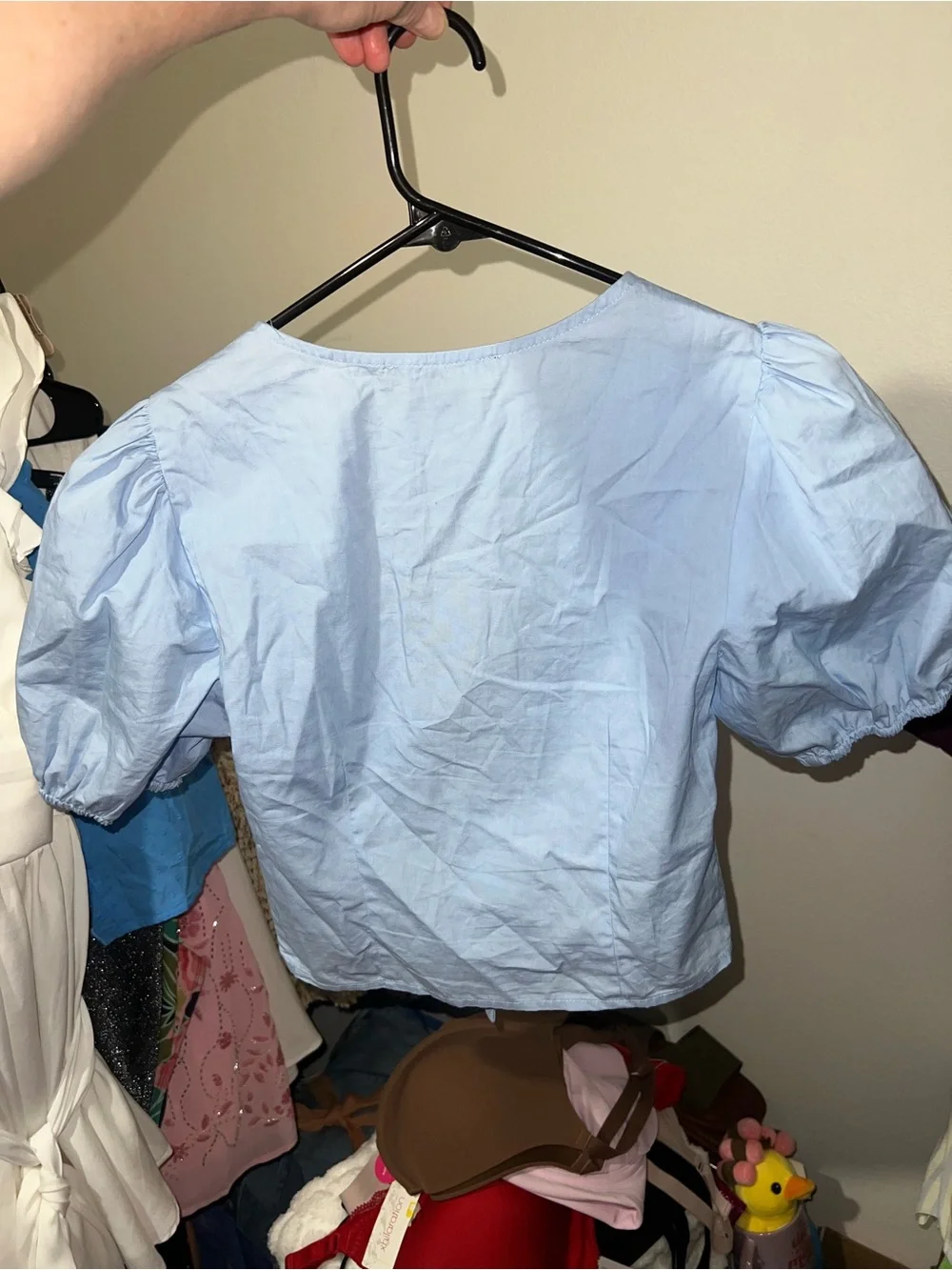 Forever 21 Poplin Light Blue Bow-Front Puff Sleeve Crop Top